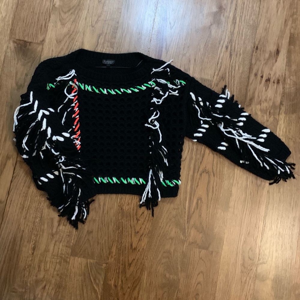 Topshop Fringe Crochet Sweater Neon